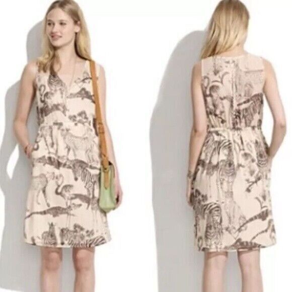 Madewell Dresses & Skirts - Madewell Womens Ivory Safari Silk Dress 4 Midi Sleeveless V-Neck Elephant Zebra
